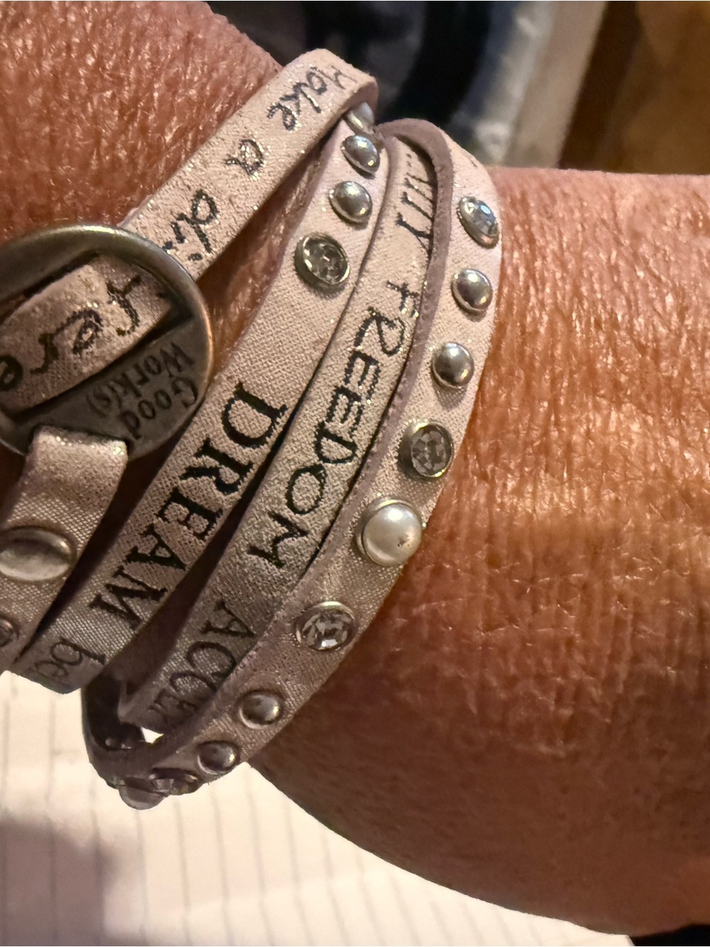 Wrap leather Bracelet with Inspirational Text and Studs - Light Taupe